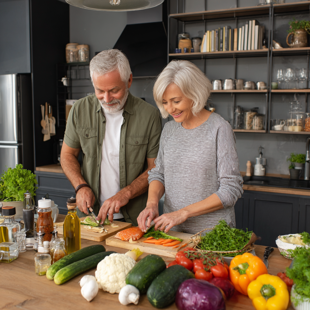 Middle-aged adults preparing healthy balanced meals with fresh vegetables and proteins in a modern kitchen setting