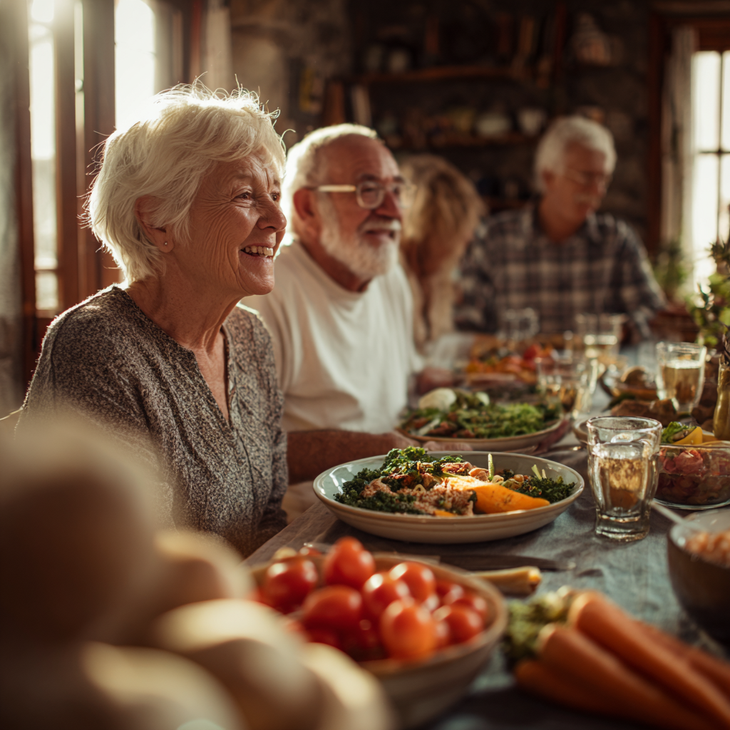 Older adults enjoying fresh seasonal meals together at a dining table with natural lighting and whole foods